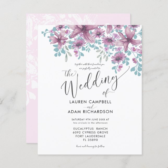 Budget Floral Pink Watercolor Wedding Invitation (Front/Back)