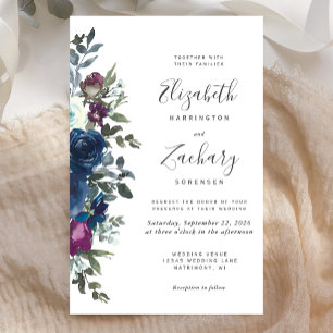 Budget Floral Plum Navy Blue Wedding Invitation