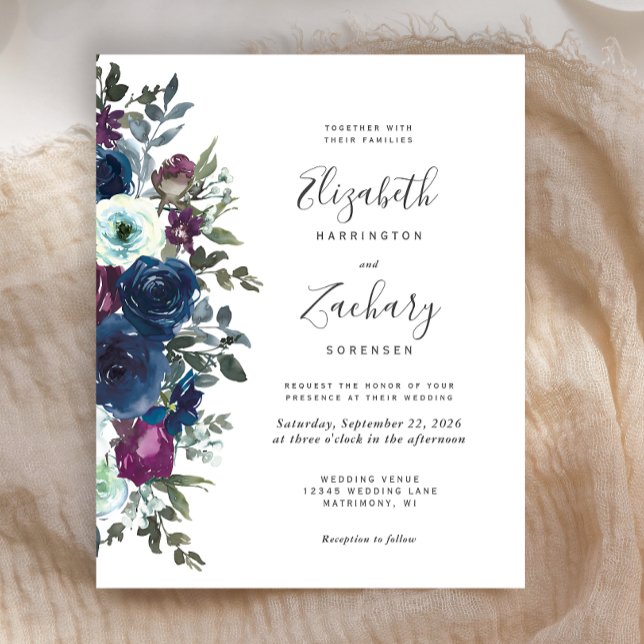 Budget Floral Plum Navy Blue Wedding Invitation (Creator Uploaded)