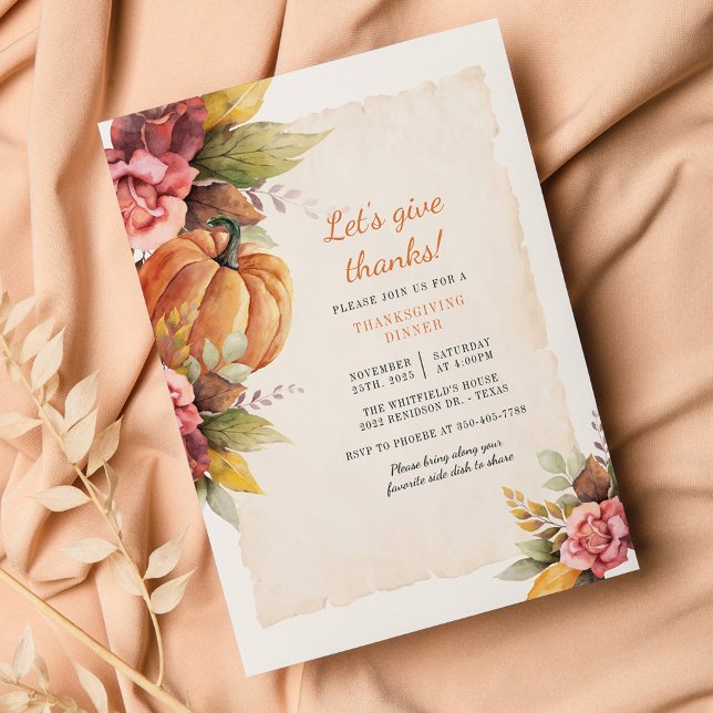 Budget Floral Pumpkin Friendsgiving Invitation (Pumpkin Thanksgiving Dinner Invitation)