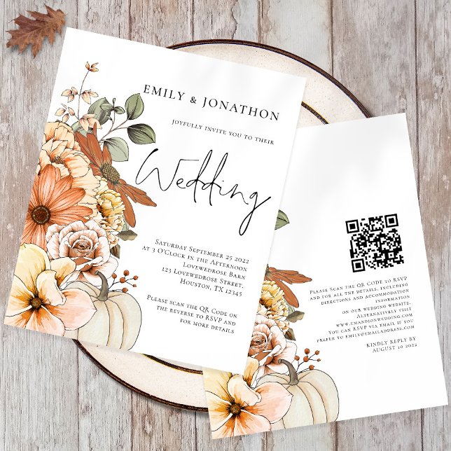 Budget Floral Pumpkin Script QR Wedding Invitation (Front and back - automatically generate a QR code to your website for your guests to scan to RSVP)