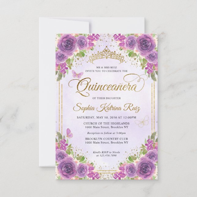 Budget Floral Purple Glam Gold Glitter Quinceañera Card (Front)