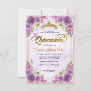 Budget Floral Purple Glam Gold Glitter Quinceañera Card