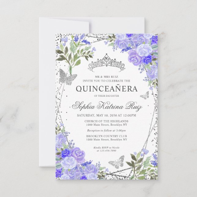 Budget Floral Purple Glam Silver Tiara Quinceañera Card (Front)