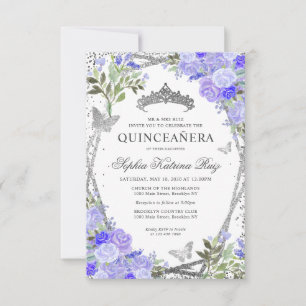 Budget Floral Purple Glam Silver Tiara Quinceañera Card