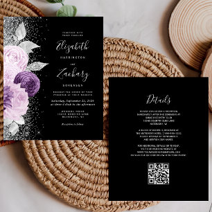 Budget Floral Purple Silver Black QR Code Wedding