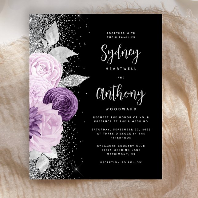 Budget Floral Purple Silver Black Script Wedding (Creator Uploaded)
