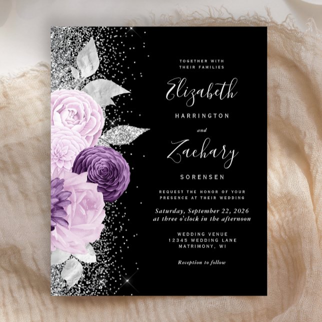 Budget Floral Purple Silver Glitter Black Wedding (An elegant choice for a wedding with a moody purple, silver and black color palete.)