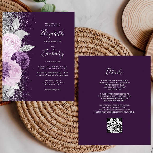 Budget Floral Purple Silver QR Code Wedding (Creator Uploaded)