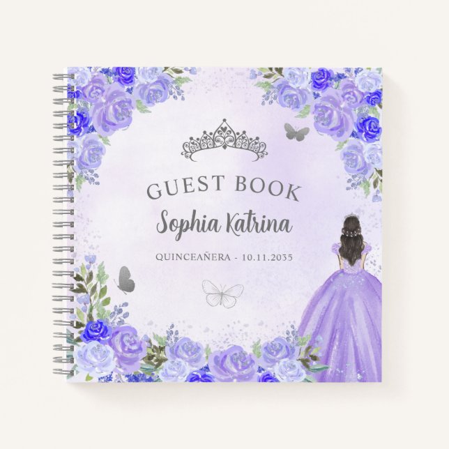 Budget Floral Purple Silver Quinceanera Guestbook Notebook (Front)