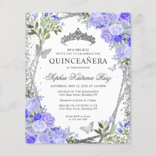 Budget Floral Purple Silver Quinceañera Invite