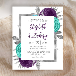Budget Floral Purple Teal Silver Wedding Invite