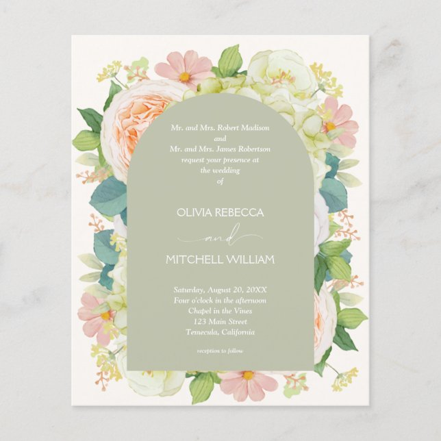 Budget Floral QR Code Sage Green Wedding Invites (Front)