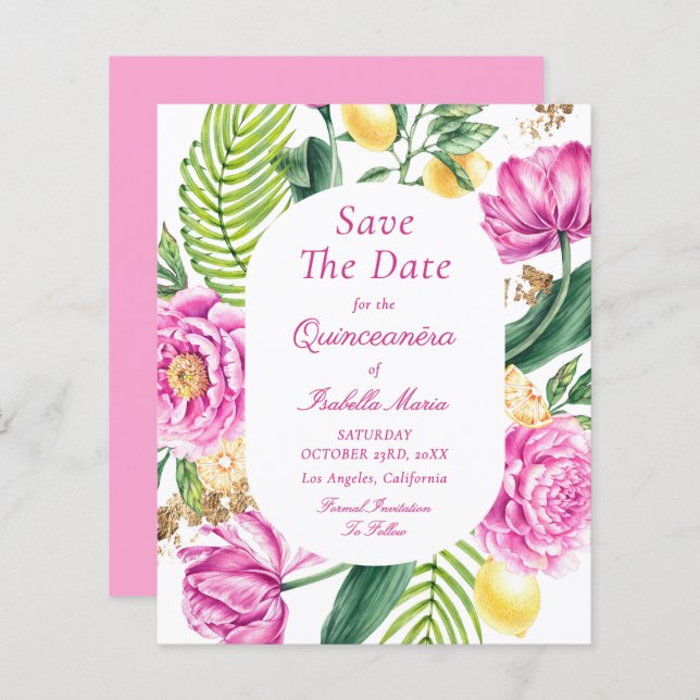 Budget Floral Quinceañera Save The Dates (Front/Back)