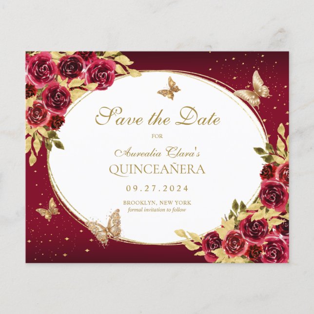 BUDGET Floral Red Gold Butterfly Quinceanera (Front)