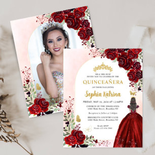Budget Floral Red Gold Princess Photo Quinceañera