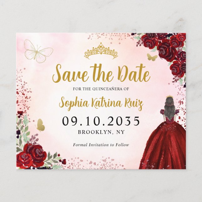 Budget Floral Red Gold Quinceanera Save the Date (Front)