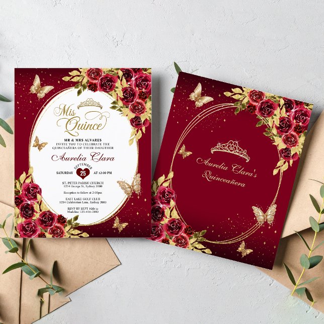 BUDGET Floral Red Gold Tiara Butterfly Quinceañera (Creator Uploaded)