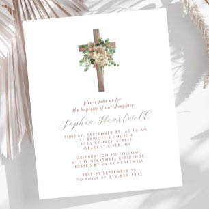 Budget Floral Rose Gold Cross Girl Baptism Invite