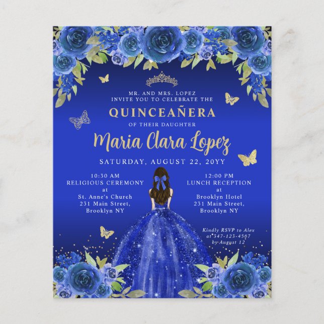 Budget Floral Royal Blue Gold Princess Quinceanera (Front)