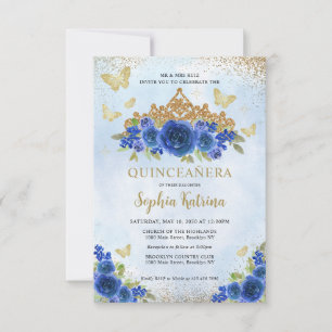 Budget Floral Royal Blue Gold Tiara Quinceañera Card