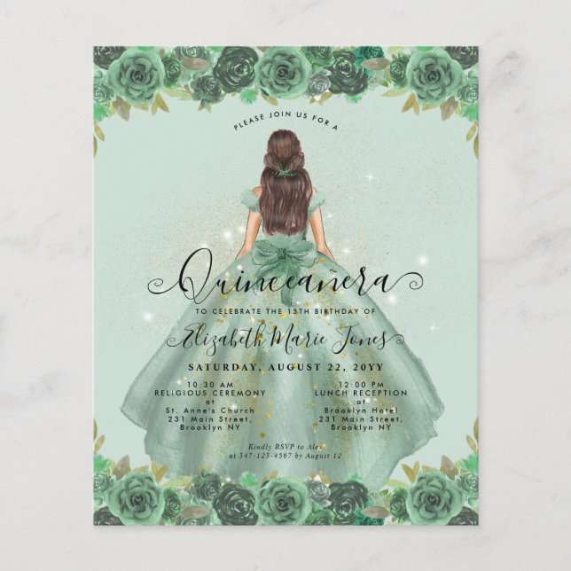 Budget Floral Sage Green Gold Princess Quinceanera (Front)