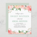 Budget Floral  Sage Sweet 16 Birthday Invitation<br><div class="desc">Budget Personalise this Blush Pink,  White,  and Coral - Peach Stylish Sage Elegant Watercolor Spring Sweet Sixteen Birthday Celebration Invitation on white background with your message and details. This girly invitation includes rose flowers and modern botanical greenery with modern and elegant script typography for the special sweet sixteen celebration.</div>