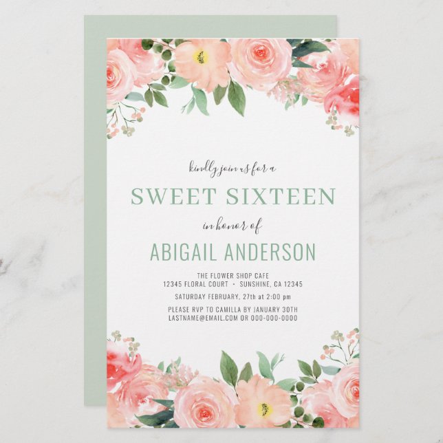 Budget Floral  Sage Sweet 16 Birthday Invitation (Front/Back)