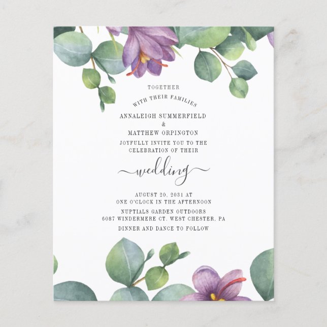 Budget Floral Script Eucalyptus Wedding Invitation (Front)
