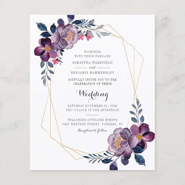 Budget Floral Script Purple Geometric Wedding (Front)
