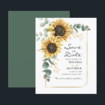 Budget Floral Sunflower Eucalyptus Save The Date<br><div class="desc">Create a modern Sunflower Floral save the date budget card with this cute template featuring beautiful rustic floral bouquet, geometric gold effect frame, with modern simple typography. TIP: Matching wedding suite cards like RSVP, wedding programs, banners, tapestry, gift tags, signs, and other wedding keepsakes and goodies are available in the...</div>