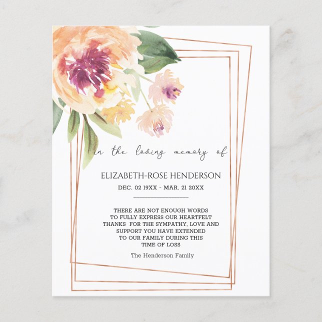 BUDGET FLORAL SYMPATHY MEMORIAL THANK YOU CARD. FL FLYER (Front)