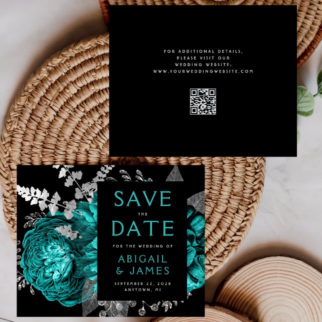 Budget Floral Teal Silver QR Code Save the Date (Creator Uploaded)