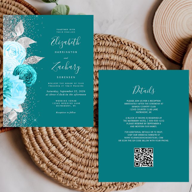Budget Floral Turquoise Silver QR Code Wedding (Creator Uploaded)