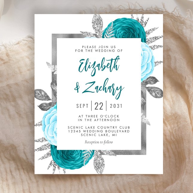 Budget Floral Turquoise Silver Wedding Invite (Creator Uploaded)