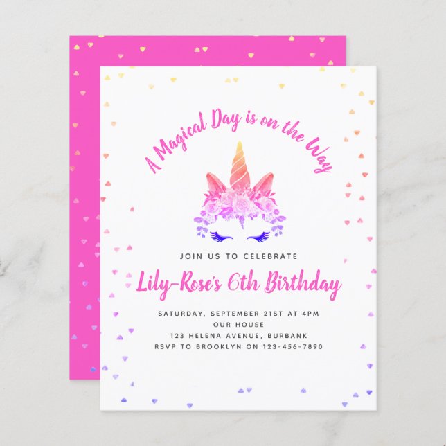 BUDGET Floral Unicorn Face Birthday Invitation (Front/Back)