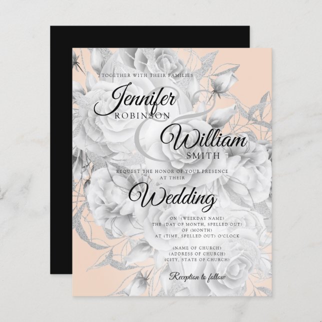 Budget Floral Wedding Invitation Silver & Blush  (Front/Back)