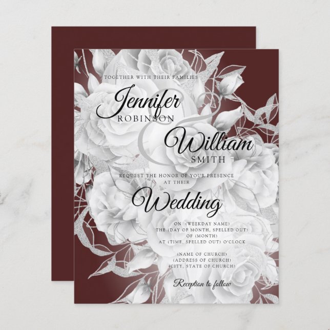 Budget Floral Wedding Invitation Silver & Burgundy (Front/Back)