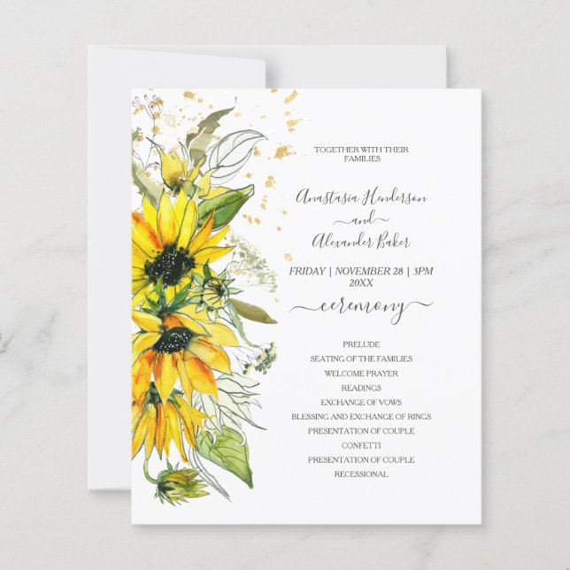 Budget Floral Wedding Program card. (Front)