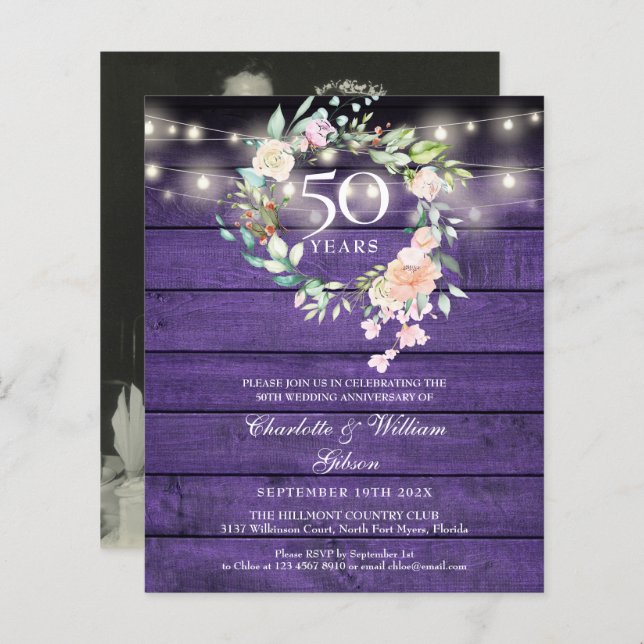 Budget Floral Wood 50th Anniversary Photo Invite (Front/Back)