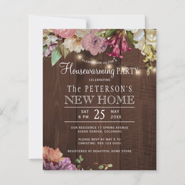 Budget floral wood housewarming party invitation (Front)
