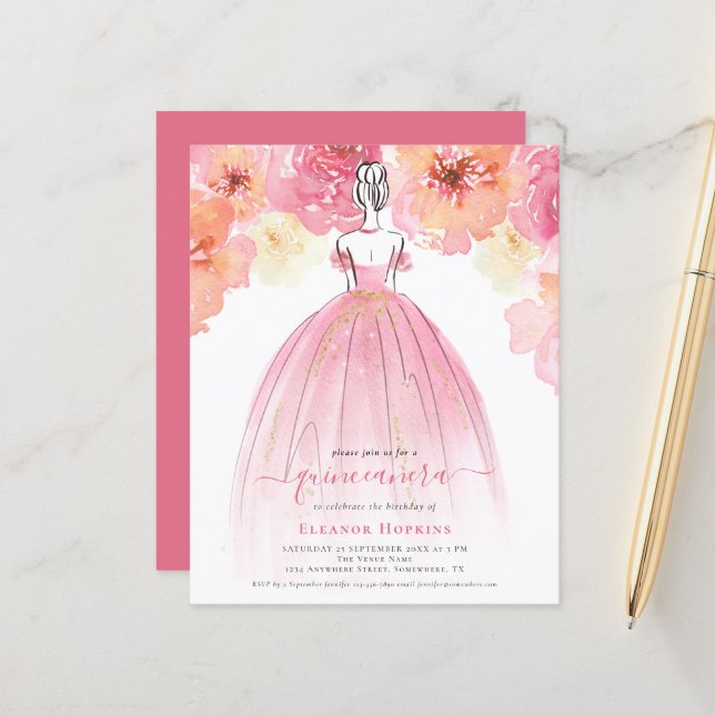Budget Florals Dress Pink Quinceanera Invitation (Front/Back In Situ)