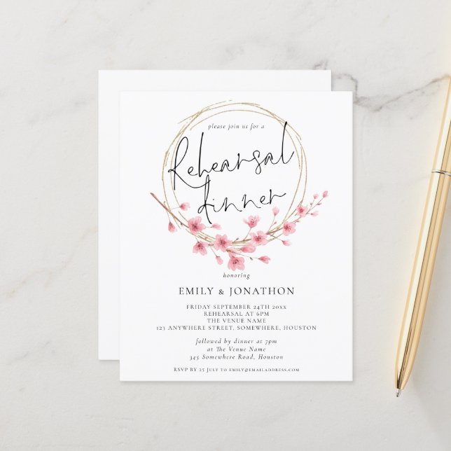 Budget Florals Wedding Rehearsal Dinner Invitation (Front/Back In Situ)