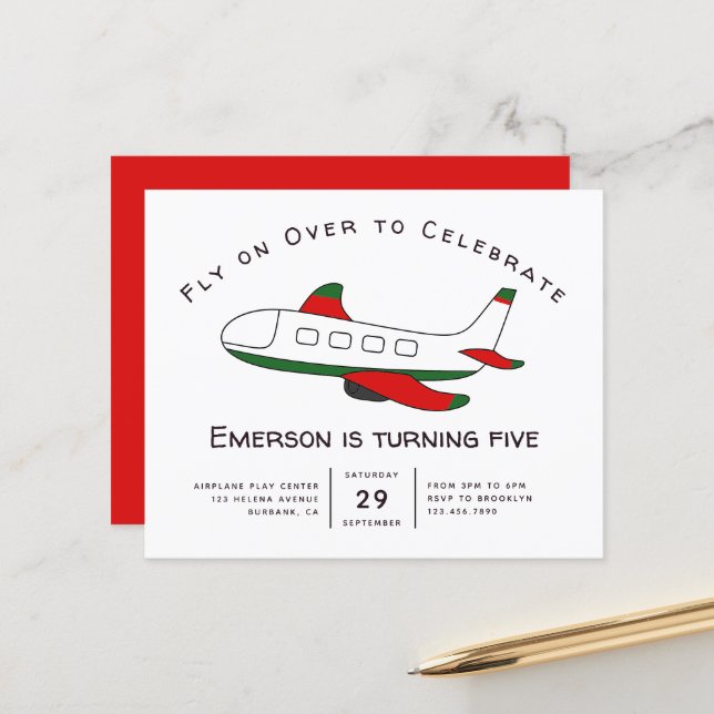 Budget Fly on Over Aeroplane Birthday Invitation (Front/Back In Situ)