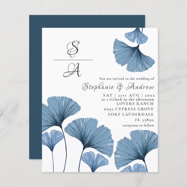 Budget Foliage Blue & White Wedding Invitation (Front/Back)