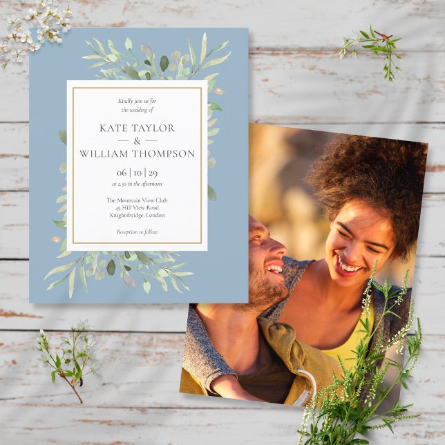 Budget Foliage Dusty Blue Wedding Photo Invitation (Creator Uploaded)