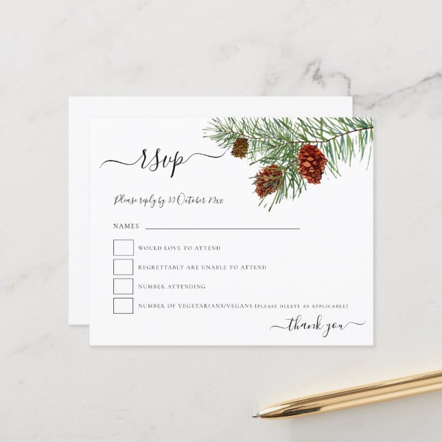 Budget Foliage Pine Cones Christmas Wedding RSVP (Front/Back In Situ)