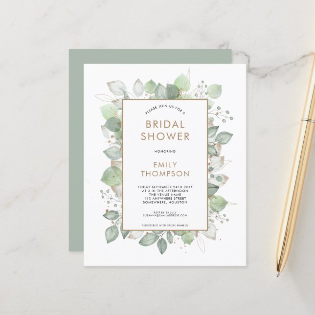 Budget Foliage Sage Gold Bridal Shower Invitation (Front/Back In Situ)