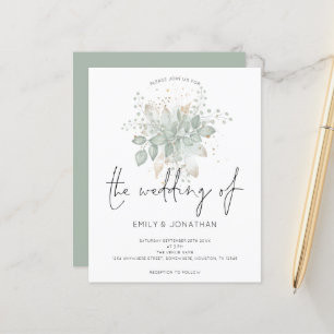 Budget Foliage Sage Green Gold Wedding Invitation