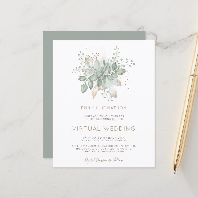 Budget Foliage Sage Virtual Wedding Invitation (Front/Back In Situ)